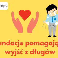 Rządowa pomoc dla zadłużonych: fundacje wspierają osoby w kryzysie finansowym. Dwie dłonie trzymają serce, obok płaczący mężczyzna z pustymi kieszeniami.