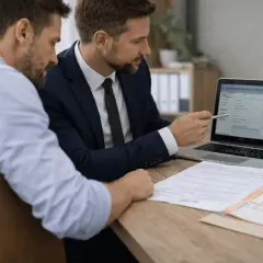 Dwóch mężczyzn analizuje dane na laptopie, omawiając, jak zgłosić dłużnika do KRD.