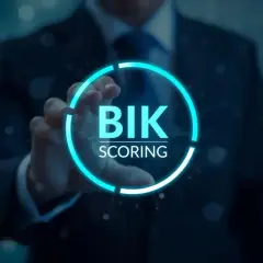 Dłoń w garniturze dotyka interfejsu, gdy bik aktualizuje dane. Widoczny napis "BIK SCORING" w neonowym okręgu.