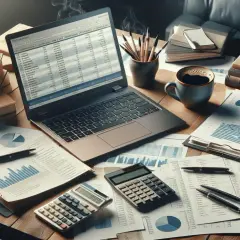 Biurko z laptopem, kalkulatorem i dokumentami. Analiza finansowa pomoże Ci dowiedzieć się, jak poradzić sobie z długami.