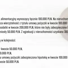 Przykład egzekucji z nieruchomości. Długi obejmują alimenty, wierzytelność z umowy pożyczki zabezpieczoną hipoteką oraz koszty egzekucyjne.