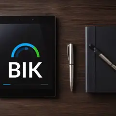 Tablet z logo BIK, długopis i czarny notatnik na drewnianym tle.
