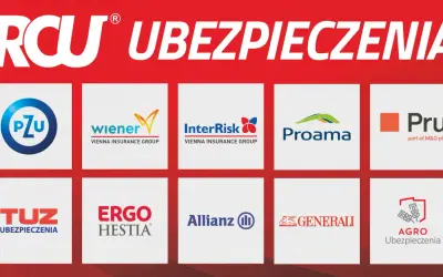 Logotypy agencji ubezpieczeniowych: PZU, Wiener, InterRisk, Proama, Pru, TUZ, Ergo Hestia, Allianz, Generali, Agro Ubezpieczenia.