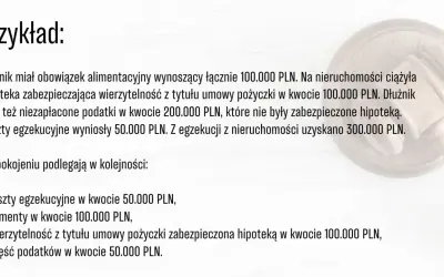 Przykład egzekucji z nieruchomości. Długi obejmują alimenty, wierzytelność z umowy pożyczki zabezpieczoną hipoteką oraz koszty egzekucyjne.