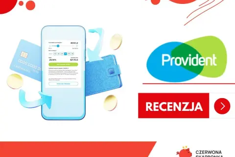Czy Provident udziela pożyczek zadłużonym? Na ekranie telefonu widać symulację pożyczki. Logo Provident i przycisk "Recenzja".