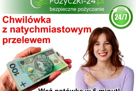 Chwilówka z natychmiastowym przelewem. Uśmiechnięta kobieta wskazuje na stos banknotów 100 zł. Szybka gotówka w 5 minut!