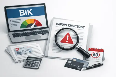 Raport kredytowy z ostrzeżeniem. Czy bank może usunąć wpis w BIK? Kalkulator, karty, lupa i kalendarz sugerują analizę finansową.