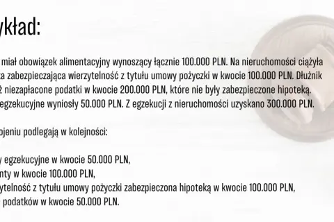 Przykład egzekucji z nieruchomości. Długi obejmują alimenty, wierzytelność z umowy pożyczki zabezpieczoną hipoteką oraz koszty egzekucyjne.