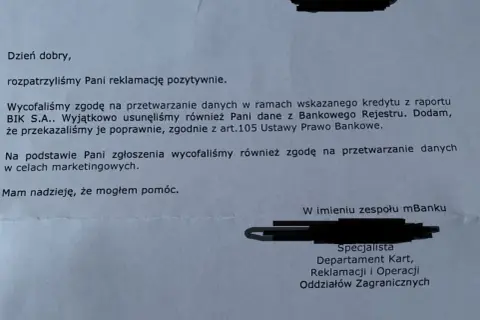 Pismo bankowe informuje o rozpatrzeniu reklamacji i wycofaniu zgody na przetwarzanie danych z BIK. Nie ma tu informacji, ile trwa wykreślenie z BIK.