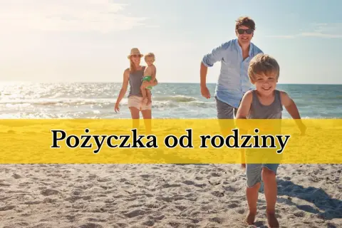 Szczęśliwa rodzina na plaży. Czy pożyczkę od rodziców trzeba zgłaszać? Słońce, morze i piasek tworzą idealne tło.
