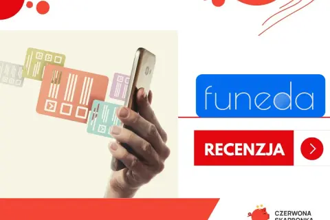 Dłoń trzyma smartfon, na ekranie którego widać kolorowe karty z kodami kreskowymi. Obok logo "funeda" i przycisk "Recenzja".