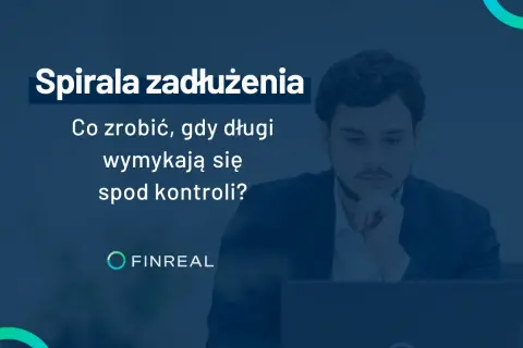 Mężczyzna zamyślony nad laptopem. Grafika informuje o spirali zadłużenia i oferuje pomoc w spłacie chwilówek.