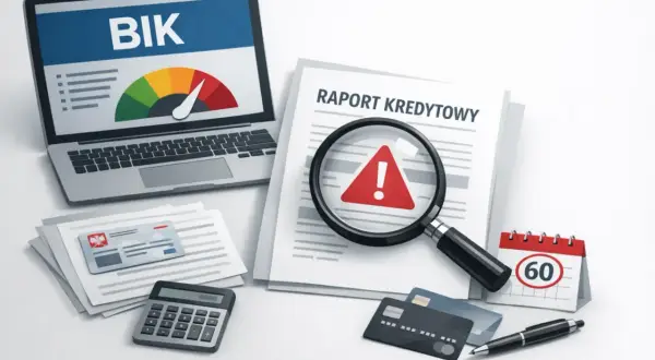 Raport kredytowy z ostrzeżeniem. Czy bank może usunąć wpis w BIK? Kalkulator, karty, lupa i kalendarz sugerują analizę finansową.