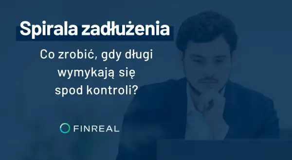 Mężczyzna zamyślony nad laptopem. Grafika informuje o spirali zadłużenia i oferuje pomoc w spłacie chwilówek.