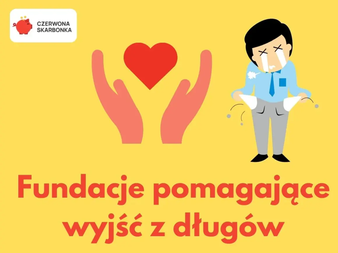 Rządowa pomoc dla zadłużonych: fundacje wspierają osoby w kryzysie finansowym. Dwie dłonie trzymają serce, obok płaczący mężczyzna z pustymi kieszeniami.