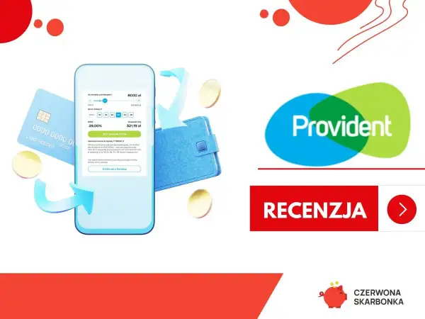 Czy Provident udziela pożyczek zadłużonym? Na ekranie telefonu widać symulację pożyczki. Logo Provident i przycisk "Recenzja".