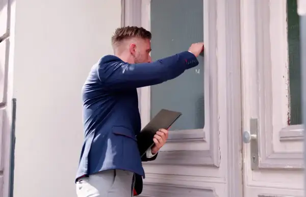 Mężczyzna w garniturze puka do drzwi, trzymając teczkę. Czy zastanawiasz się, ile komornik może zabrać z L4?
