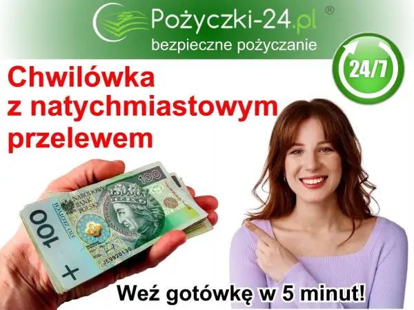 Chwilówka z natychmiastowym przelewem. Uśmiechnięta kobieta wskazuje na stos banknotów 100 zł. Szybka gotówka w 5 minut!