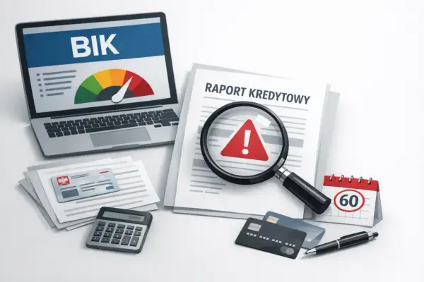 Raport kredytowy z ostrzeżeniem. Czy bank może usunąć wpis w BIK? Kalkulator, karty, lupa i kalendarz sugerują analizę finansową.