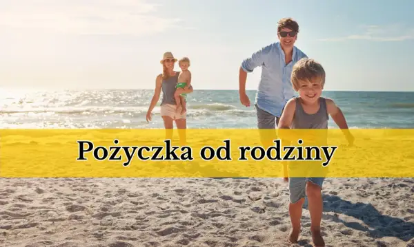 Szczęśliwa rodzina na plaży. Czy pożyczkę od rodziców trzeba zgłaszać? Słońce, morze i piasek tworzą idealne tło.