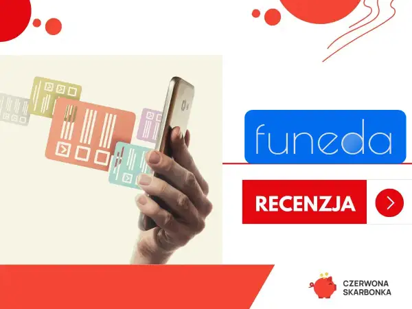 Dłoń trzyma smartfon, na ekranie którego widać kolorowe karty z kodami kreskowymi. Obok logo "funeda" i przycisk "Recenzja".