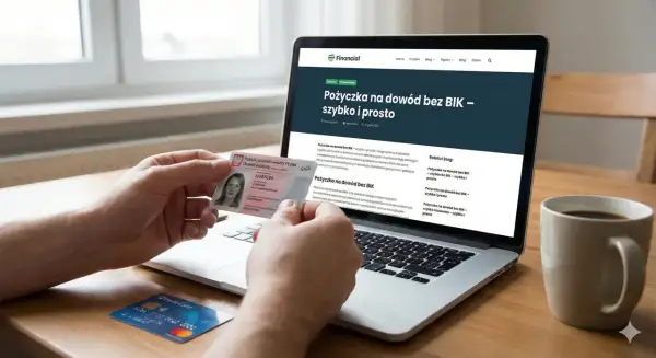 Szukasz odpowiedzi, kto udzieli pożyczki bez BIK i KRD? Na ekranie laptopa artykuł o szybkich pożyczkach, w ręku dowód osobisty.