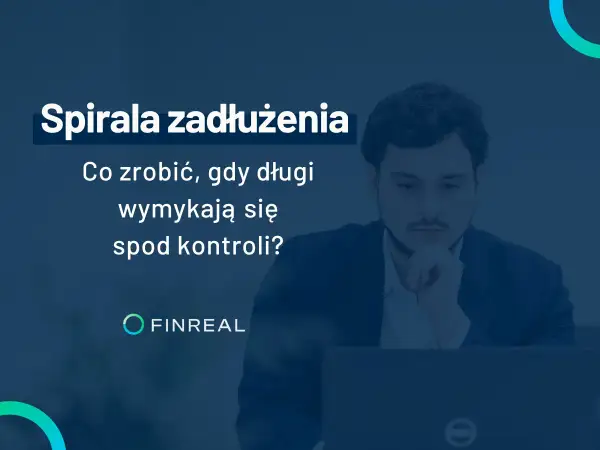 Mężczyzna zamyślony nad laptopem. Grafika informuje o spirali zadłużenia i oferuje pomoc w spłacie chwilówek.
